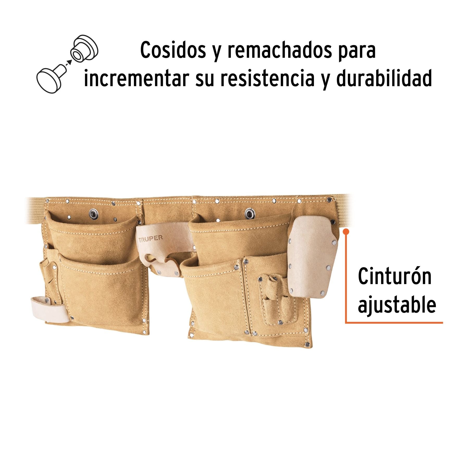 Detalle de compartimentos y hebilla de liberación rápida en porta herramientas Truper