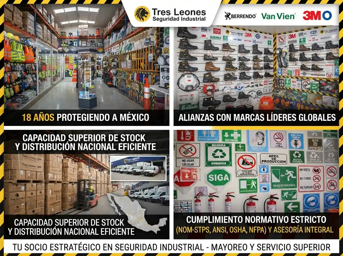 Almacén central de Tres Leones Seguridad Industrial mostrando inventario de EPP listo para distribución mayorista en México