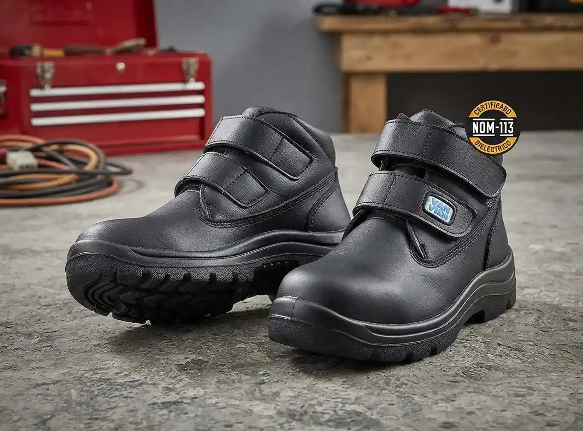 Par de botas de seguridad industrial dieléctricas marca Van Vien, color negro con suela antiderrapante, certificadas bajo la NOM-113, ideales para electricistas y mecánicos