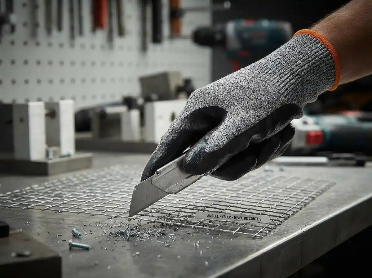 Guantes anticorte nivel 5 marca Ansell recubiertos de nitrilo, mostrando resistencia a herramientas afiladas en un entorno de ensamblaje industrial