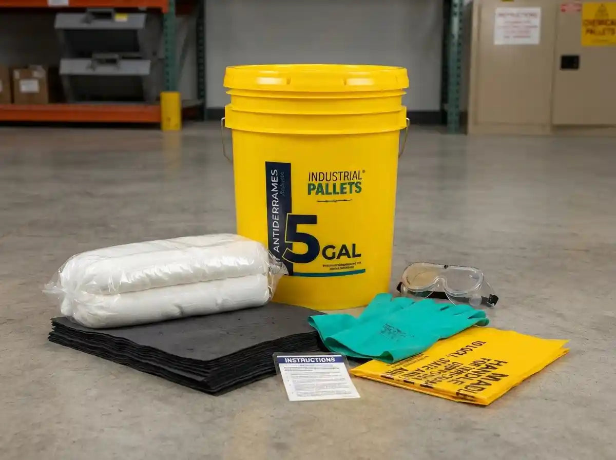 Kit antiderrames industrial de 5 galones en cubeta amarilla, incluye toallas absorbentes, calcetines y equipo de protección personal para químicos agresivos
