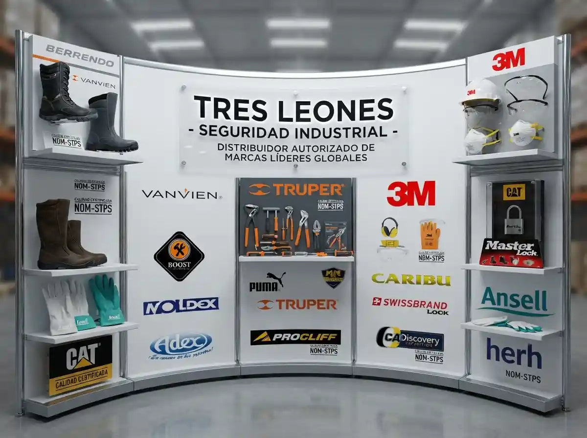 Muestrario de marcas líderes de calzado y equipo de seguridad industrial como Berrendo, Van Vien, 3M y Truper