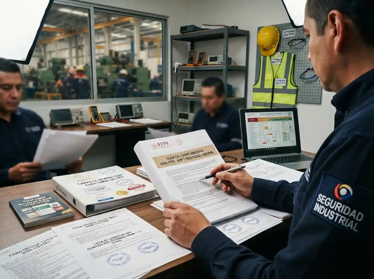 Supervisor industrial revisando manuales de cumplimiento de Normas Oficiales Mexicanas NOM-STPS para equipo de protección personal